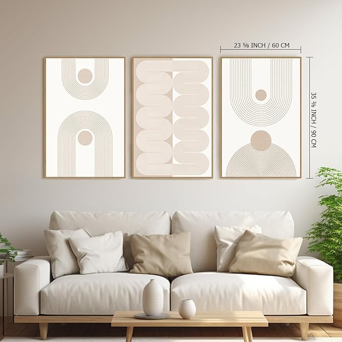 SAFERRYHOME Large Boho Abstract Wall Art Set of 3, Mid Century Neutral Framed Canvas Print Beige Modern Wall Decor, Geometric Line Artwork for Living Room Bedroom Office,Ready to Hang, 24"x36"