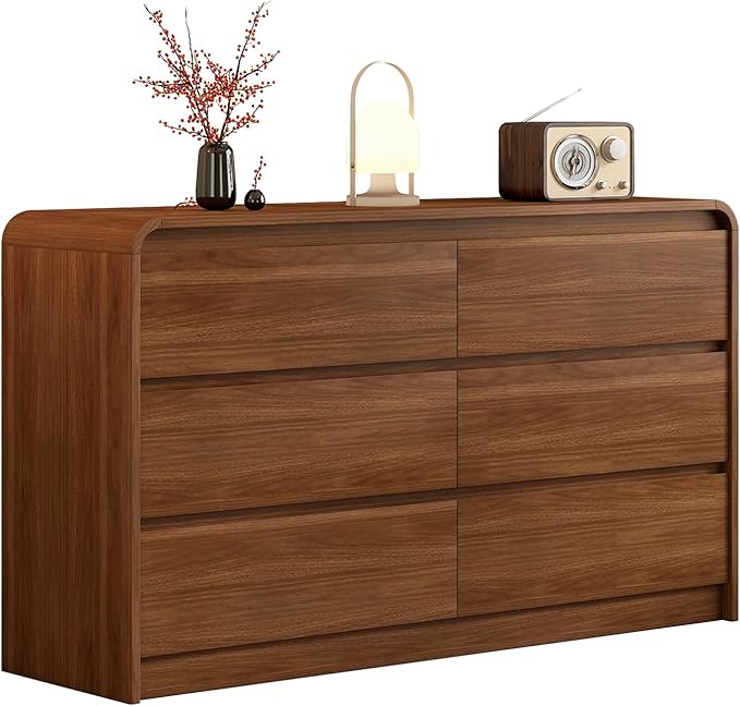 Messenya Modern 6 Drawer Dresser, 55-Inch Wood Chest of Drawers, Curved Anti-Collision Design, Mid-Century Storage Cabinet, Pre-Embedded Slots, Natural Texture, for Bedroom, TV Stand (W-55IN)