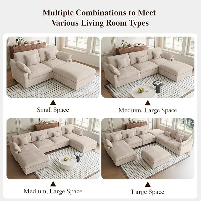 Cloud Modular Sectional Sofa, Linen Blend Fabric Ottoman Module Couches for Living Room, Cushion Covers Washable&Removable, Khaki