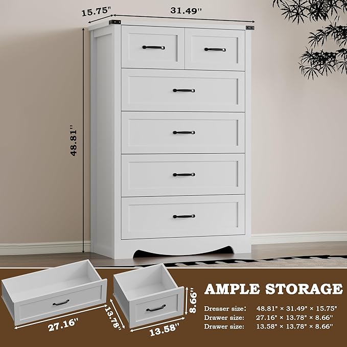 BORNOON Tall 6-Drawer Dresser for Bedroom, Modern Wooden Chest of Drawers with Metal Handles, Anti-Tipping Design, Sturdy and Stable Storage Organizer for Living Room, Entryway, Home Office