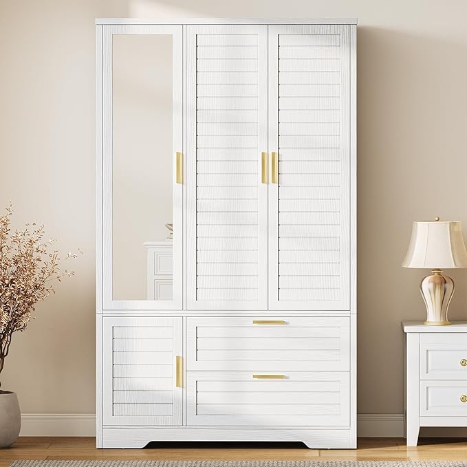 Armoire Wardrobe Closet with Mirror - 71“ Wood Clothing Storage Cabinet, Wardrobe Closet with Doors & 2 Drawers, Freestanding Bedroom Armoires and Wardrobes for Hanging Clothes, 3 Doors, White