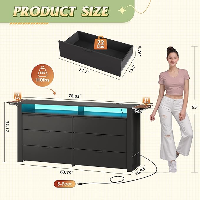 WLIVE 78 Inch LED Dresser for Bedroom, Black Dresser with Charging Station, Large Chest of Drawers Expandable with Flexible Shelves and Hanging Rack, Wood Dressers for Closet, Living Room (85" TV)