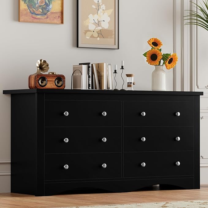 Furmax Dresser for Bedroom, 6 Wood Dresser, Chest of Drawers, for TV up to 65 inch, TV Stand Storage Chest of Drawers for Hallway Entryway (Black)