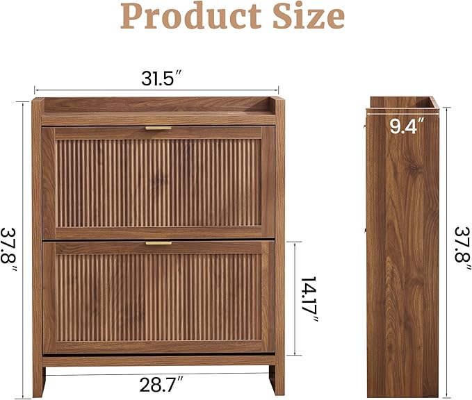 Fluted Shoe Storage Cabinet with 2 Flip Door for Entryway, Modern Freestanding Narrow Wood Shoe Rack Cabinet for Foyer, Front Door, Hallway