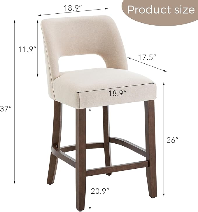 VKNOW Bar Stools Set of 4, 26" Upholstered Counter Height Bar Stools,Modern Counter Stools with Wood Legs for Kitchen Island Dining Room Bar,Beige