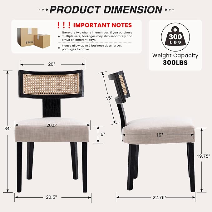 HNY Mid Century Modern Rattan Dining Chairs Set of 2, Farmhouse Linen Upholstered Accent Chair Curved Backrest Kitchen Chairs, with Black Hardwood Frame, Beige