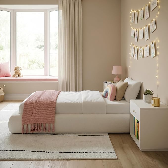 RECCI AirFrame Half-Moon Upholstered Twin Platform Bed Frame, Velvet Curved Arched Base, 5 Inch Fully Round Cushioned Foam, No Box Spring Needed, Easy Assembly | Round Shaped, Boucle, Low-profile, Soft