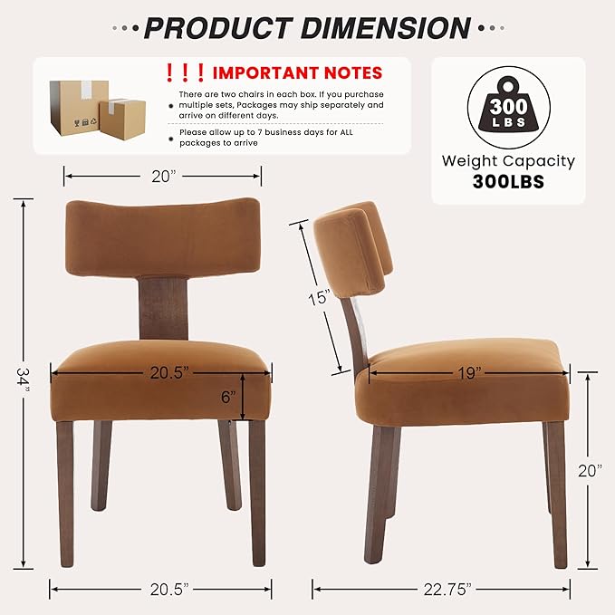 HNY Mid Century Modern Dining Chairs, Velvet Fabric Farmhouse Upholstered and Curved Backrest Kitchen Accent Chairs Set of 2, with Hardwood Frame, Burnt Caramel