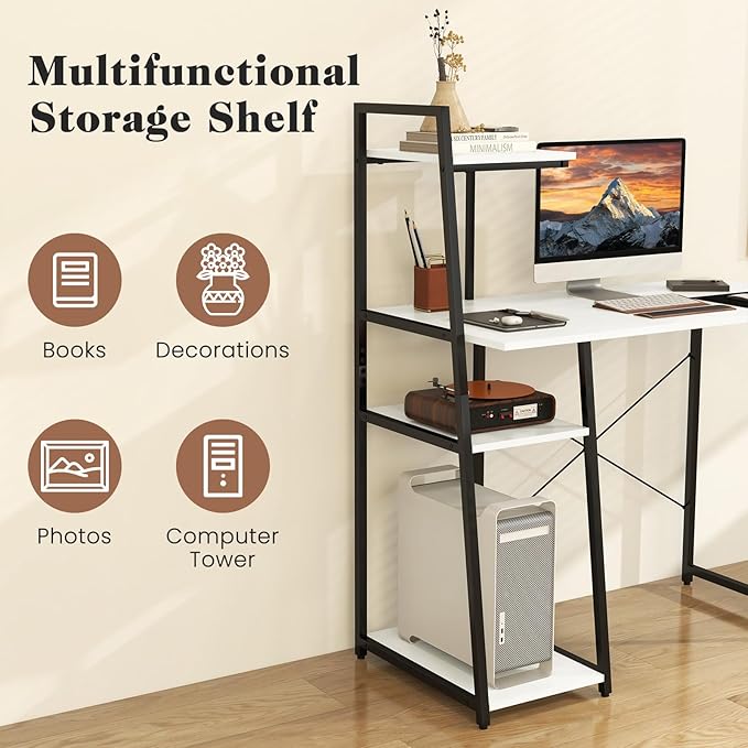 Tangkula Computer Desk with Shelves, Space Saving Home Office Desk with 3-Tier Ladder Shaped Storage Bookshelf, Modern Writing Study Desk with Metal Frame, Compact Computer Workstation (White)