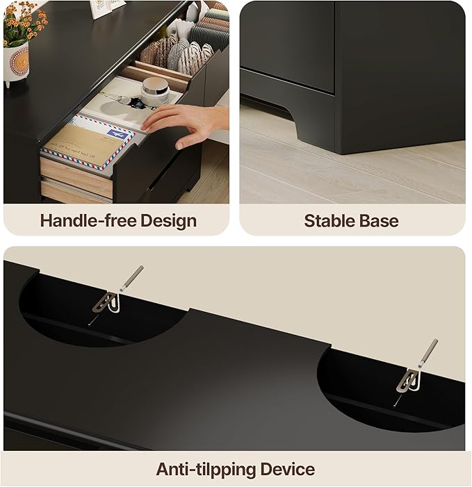 Gizoon 8 Drawer Dresser, 47" Wide Black Dresser for Bedroom with Cut-Out Handles, Modern Wooden Chest of Drawers with Anti-Tip Kit, for Living Room, Hallway, Entryway, Home Office