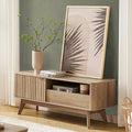mopio Brooklyn Mid-Century Modern TV Stand, for TVs up to 50” / 59" Waveform Panel, Sleek Curved Profile with Adjustable Shelf and Sturdy Box Frame Leg (Golden Oak, 47")