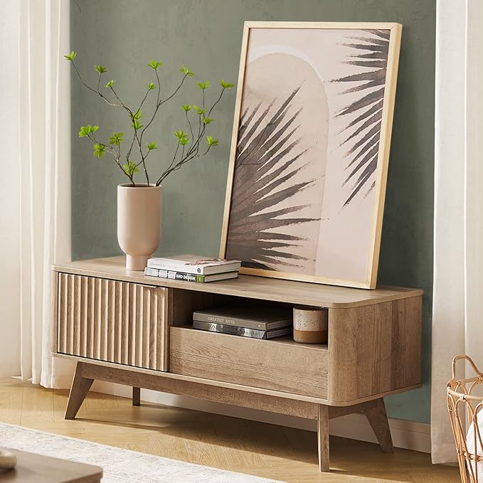 mopio Brooklyn Mid-Century Modern TV Stand, for TVs up to 50” / 59" Waveform Panel, Sleek Curved Profile with Adjustable Shelf and Sturdy Box Frame Leg (Golden Oak, 47")