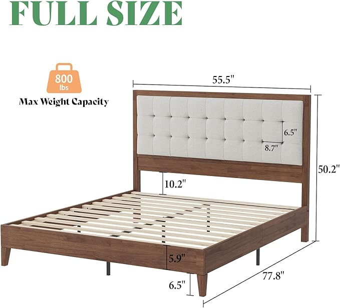 AMERLIFE Full Size Bed Frame with Headboard, Solid Wooden Bed Frame Full Size Platform Bed Frame Mid-Century Style, No Box Spring Required, Walnut | Back Support, Noise-Free, Easy Care, Sturdy Frame, Breathable Material