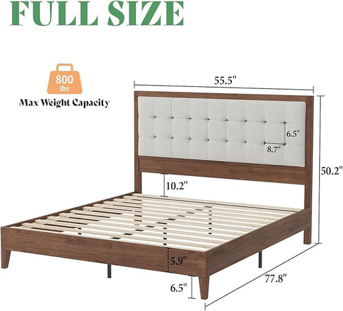 AMERLIFE Full Size Bed Frame with Headboard, Solid Wooden Bed Frame Full Size Platform Bed Frame Mid-Century Style, No Box Spring Required, Walnut | Back Support, Noise-Free, Easy Care, Sturdy Frame, Breathable Material