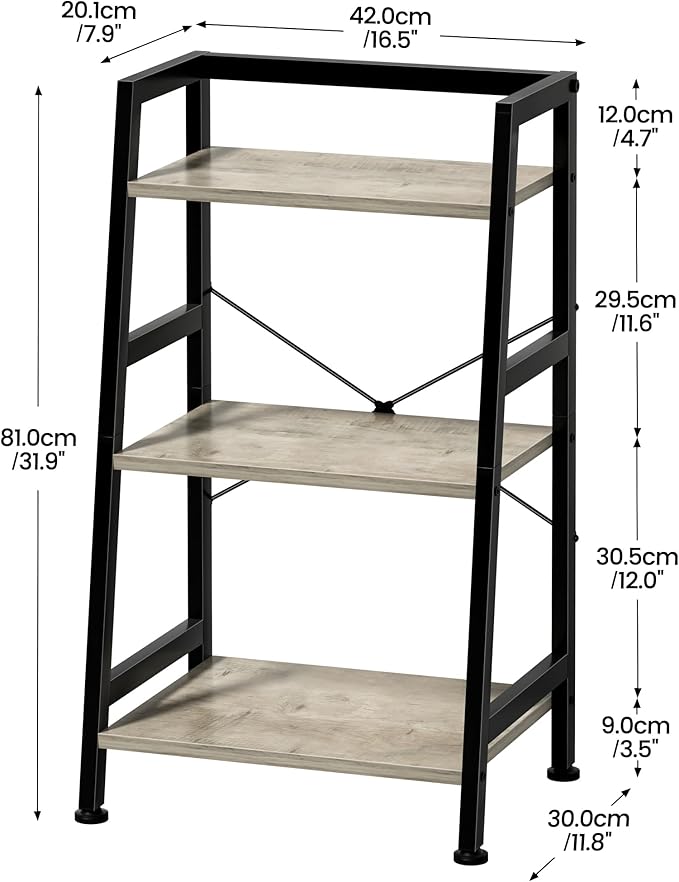 3-Tier Bookshelf, Ladder Shelf, Stand up Shelves, Industrial Bookcase with Steel Frame, Metal Small Bookcase, for Living Room, Home Office, Kitchen, Bedroom, Industrial Style（Greige & Black）