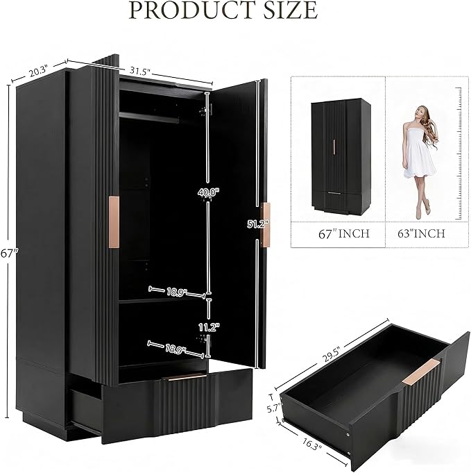 Brafab 67" Fluted Armoire Wardrobe Closet Set of 2 with Drawers and Doors, Wooden Wardrobe Cabinet with Adjustable Shelves, Modern Storage for Clothes, Coats for Bedroom,Black(2 pcs)