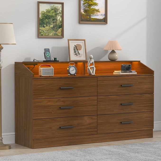 Gyfimoie 6 Drawer Dresser with Power Outlet, Chest of Drawers with LED Light, Modern Dresser with Open Storage Cubby, Double Wide Dressers Organizer for Bedroom, Living Room, Entryway,Hallway