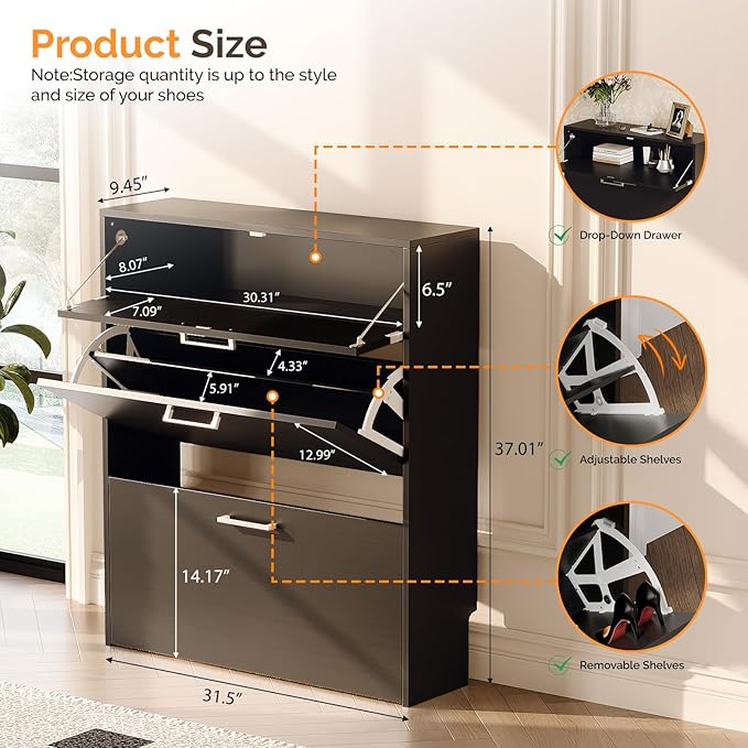 VINGLI Set of 2 Black Shoe Cabinet for Entryway, 2-Pack 31.5" W Extra Wide Slim Shoe Organizer with 2 Flip & 1 Drop-Down Drawers, Modern All-Black Shoes Rack, Narrow Freestanding Cabinet for Hallway