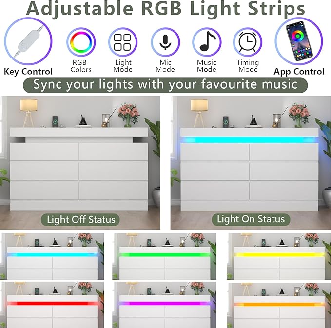 Gyfimoie 6 Drawer Dresser with Power Outlet, Dresser with LED Light, Modern Chest of Drawers for Closet, Double Wide Drawer Organizer Cabinet for Bedroom, Living Room (White, 6 Drawers)