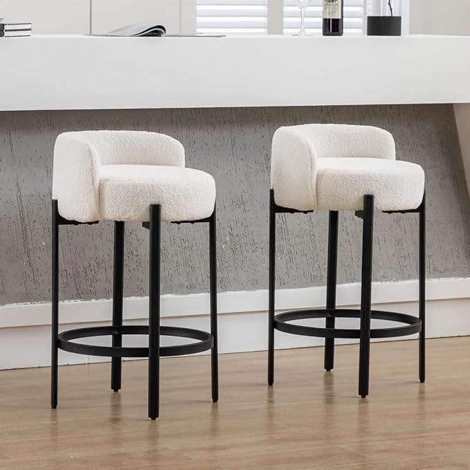 LukeAlon Modern Sherpa Counter Height Stools Set of 2, Upholstered 26" Seat Height Barstools with Black Metal Legs Round Low Back Kitchen Stools with Footrest for Dining Room Small Places, White