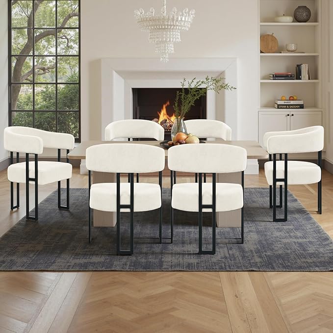 SIMTONAL Mid-Century Modern Dining Chairs Set of 4, Armrest Barrel Dining Chairs Side Accent Chairs with Curved Back, Upholstered Armchairs for Kitchen, Soft Teddy Fleece Surface, White