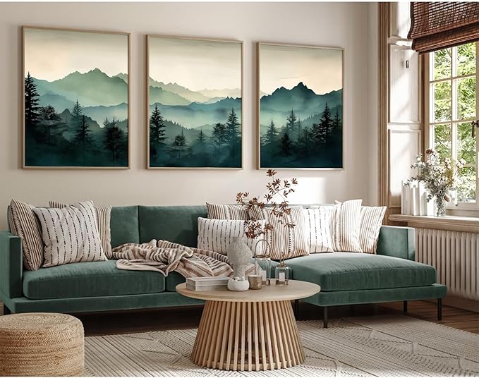 Mountain Wall Art Decor Set of 3 Sage Green Forest Canvas Wall Art Prints Nature Landscape Wall Decor Watercolor Pine Tree Pictures Abstract Modern Painting for Living Room Bedroom 16x24 Inch Unframed