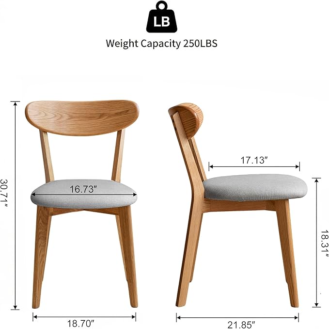 100% Solid Wood Dining Chairs,Mid Century Modern Dining Chairs with Upholstered Cushion,Kitchen,Dining Room Chairs Set of 2 (2, Original Color Grey Upholstery)