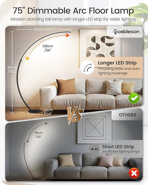 75 inch Dimmable LED Arc Floor Lamp for Living Room with Foot and Remote Control, 3 Color Temperatures, 3000K-6000K Whites, LED Corner Lamp, Modern Standing Tall Lamp for Bedroom B62LD05