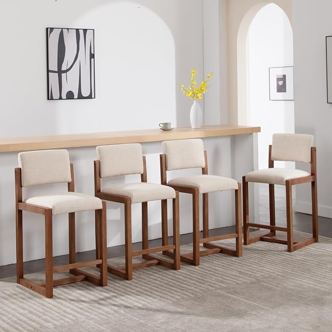 DUOMAY Modern Bar Stools Set of 4, 26" Counter Height Barstools, Linen Upholstered Kitchen Island Chair with Wood Legs for Home Bar Coffee Shop, Beige