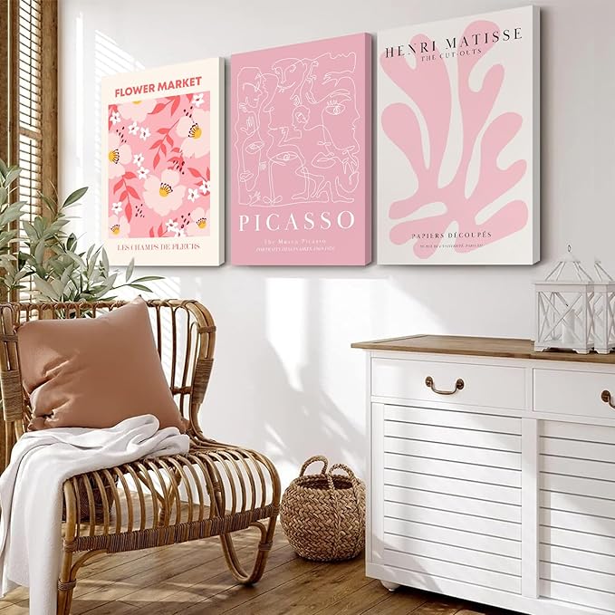 Matisse Abstract Wall Art Decor Pink Flower Canvas Pictures Picasso Aesthetic Wall Art Henri Matisse Prints Poster Abstract Flower Painting Market Artwork for Bedroom 12x16 Inch Framed Set of 3