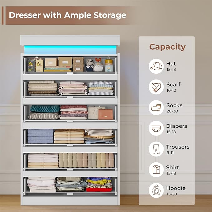 HAUOMS Tall 6 Drawer Dresser with LED Light, White Modern Chest of Drawers for Bedroom,Closet Dressers with Drawers for Living Room, Entryway, Hallway