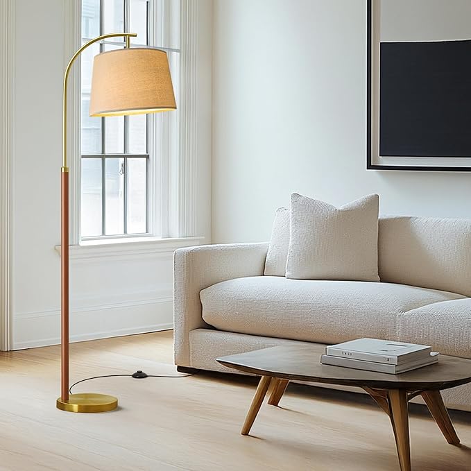 62.5" Gold Floor Lamp for Living Room Dimmable Standing Lamp with Remote & Foot Switch, 3 Color Temperatures Arc Tall Lamp Wood Mid Century Modern Floor Lamps for Bedroom Office, 9W Bulb Included