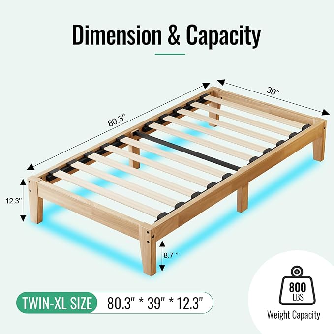 Twin XL Size Solid Wood Platform Bed with Led Light - Noise-Free Design with Metal and Wood Slat Support, No Box Spring Needed, Easy Assembly, Natural Wood Finish