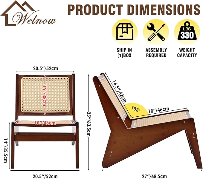 Welnow 2-Pcs Mid Century Rattan Accent Chair, Bamboo Wood Lounge Chair with Woven Cane Backrest, Low Armchair for Living Room, Bedroom, Balcony or Reading Corner, Walnut