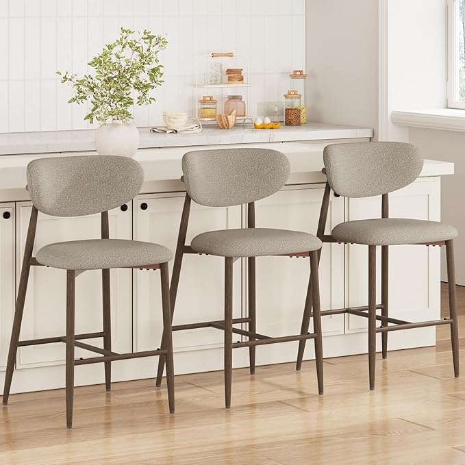 MALOL Bar Stools Set of 3, Counter Height bar stools, Kitchen Bar Stools with Backs, Modern Upholstered, Modern Bar Stools with Metal Legs for Kitchen Island, Counter, Camel
