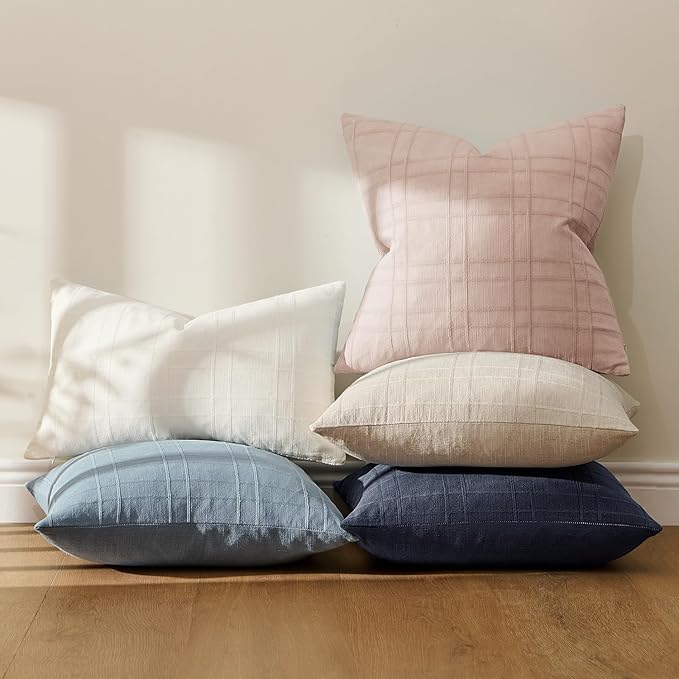 MIULEE Decorative Linen Check Euro Shams Throw Pillow Covers Neutral Farmhouse Vintage Spring Valentine Pillow Covers 24x24 Set of 2 Boho Modern Home Decor for Sofa Couch Bedroom Cushion Light Pink