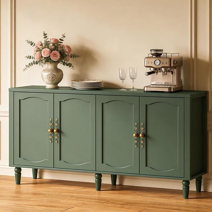 fineway 63" Sideboard Buffet Cabinet, Mid Century Modern Credenza Storage Cabinet with Carved Handle & Adjustable Shelves, Buffet Table Kitchen Coffee Bar for Living Room Dining Room - Green