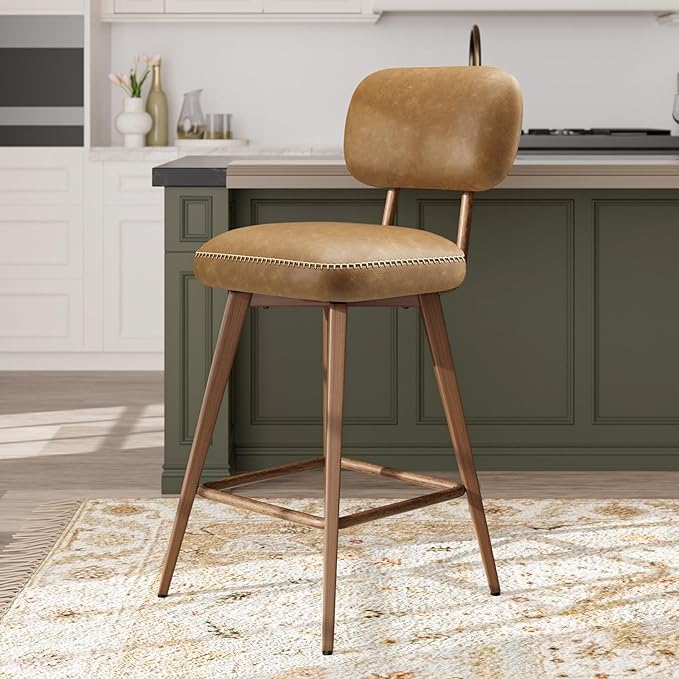 MALOL 26“ PU Leather Swivel Bar Stools Set of 2, Mid Century Counter Height Bar Chairs with Low Back and Metal Legs, Modern Bar Stool Chair for Kitchen Island, Brown