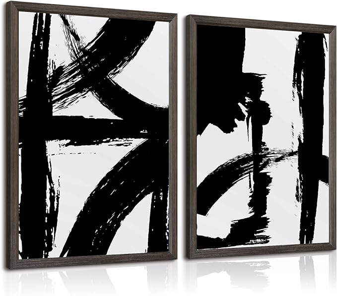 Black and White Wall Art Abstract Modern Painting Minimalist Line Canvas Wall Art Decor Black And White Poster Abstract Artwork Prints for Living Room Bedroom 16x24 Inch Framed Set of 2