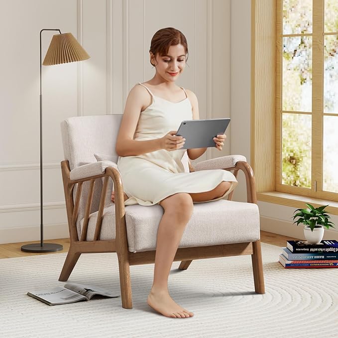 IOMOR Mid Century Modern Accent Chair with Solid Wood Frame Linen Fabric, Upholstered Living Room Chairs with Lumbar Cushion Padded Arms, Reading Armchair for Bedroom (2, Warm Beige)