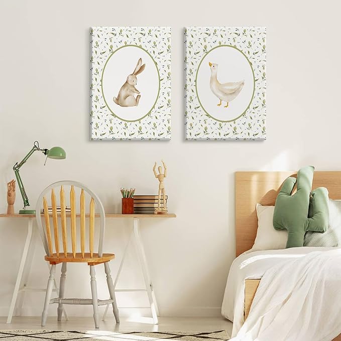 Vintage Nursery Wall Art Cute Goose Canvas Poster Bunny Wall Decor Baby Kids Poster Rabbit Duck Prints Cute Animal Pictures Pale Green Painting Artwork for Gallery Bedroom 16x24x2 Inch Ready to Hang