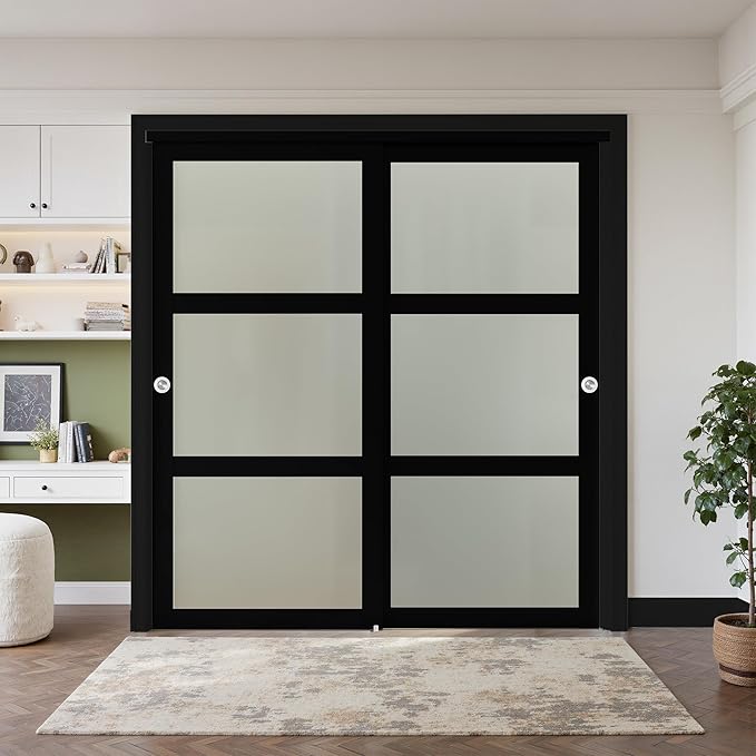 SMARTSTANDARD Sliding Closet Door 60x80(Double 31") Inch, Bypass Frosted Glass 3-Lite,Hardware Kit with Handles Included, Preassembled MDF with PVC Panels for Easy Install, Black