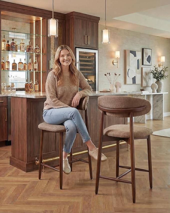 Bar Stools Set of 3, 25.6″ Counter Height Bar Stools with Wood Legs, Upholstered Modern Kitchen Barstools for Kitchen Island Dining Room Bar, Camel