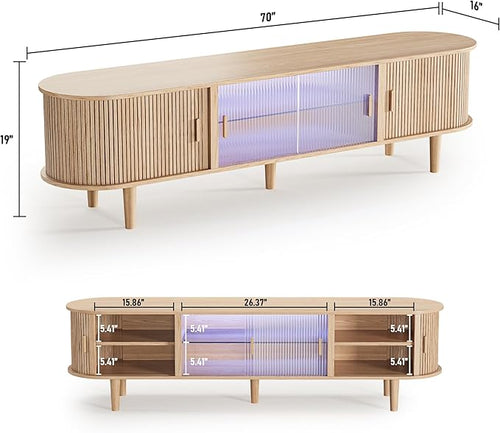 70" Fluted TV Stand with LED Lights for TVs up to 75 Inch, Mid Century Modern Entertainment Center with Sliding Doors & Glass Shelf, TV Console Table Media Console for Living Room, Natural Oak
