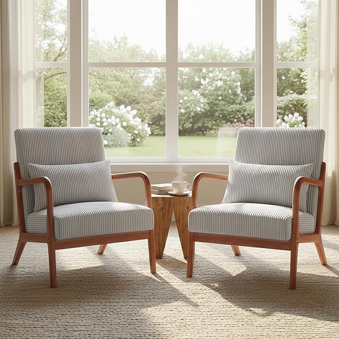 Set of 2 Mid Century Modern Accent Chair with Solid Rubberwood Frame, Comfy Corduroy Reading Armchair with Lumbar Pillow, Compact Lounge Chair for Bedroom, Living Room & Small Spaces