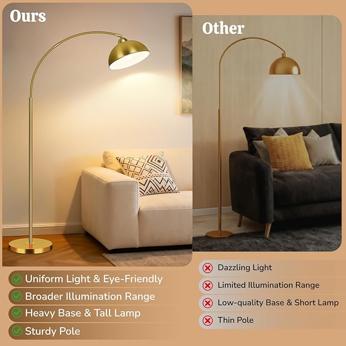 Arc Floor Lamps for Living Room, 72" Modern Tall Lamp with Remote Control and Stepless Dimmable 9W LED Bulb, Over Couch Arched Reading Lamp for Bedroom, Office(Gold)