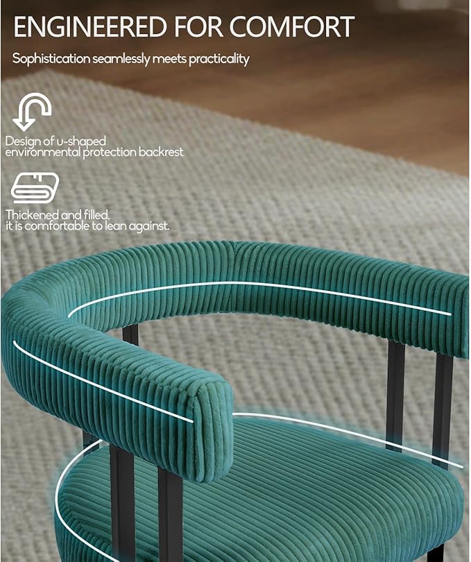 VIRRMO Boucle Dining Chair Set of 4 Corduroy Upholstered Dining Room Chairs Kitchen Chairs with Metal Legs Mid Century Modern Chair for Dining Room, Kitchen (Peacock Green, 4)