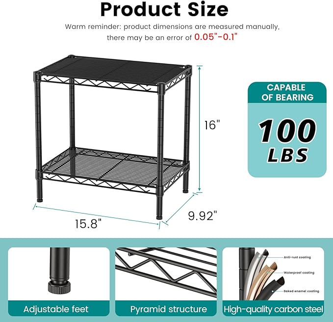 SINGAYE Bookshelf Shelves Bookcase Shelf: 2 Tier Small Shelving Unit Home Storage Organizer Wire Metal Adjustable Free Standing Display Shelf for Bedroom Living Room Office Pantry Black