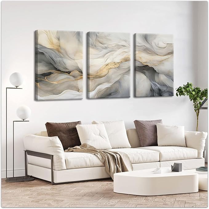 White and Grey Canvas Wall Art Set of 3 Abstract Beige Gold Marble Fluid Wall Decor Pictures Neutral Modern Minimalist Posters Prints for Living Room Bedroom Home Decoration 16x24in