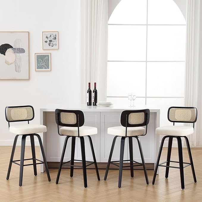 Bekrvio Swivel Bar Height Stools Set of 4, Upholstered Faux Leather Barstools with Rattan Back, 29" Seat Height Tall Bar Stools for Kitchen Counter, Black Wood Frame, Cream White